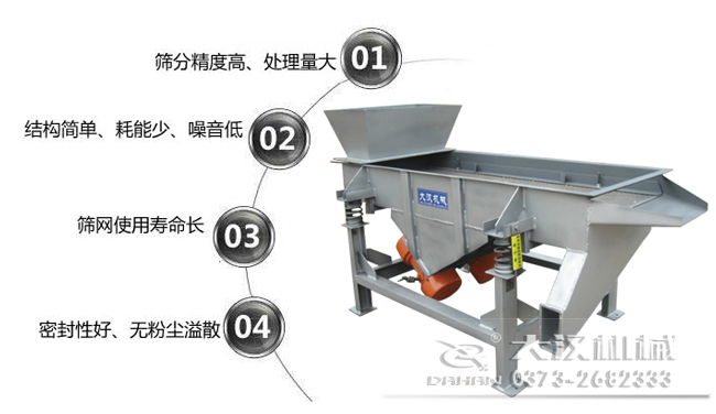1016型直線振動篩特點(diǎn)：1，篩分精度高，處理量大。2，結(jié)構(gòu)簡單，耗能少，噪音低，3，篩網(wǎng)使用壽命長，密封性好無粉塵溢散。