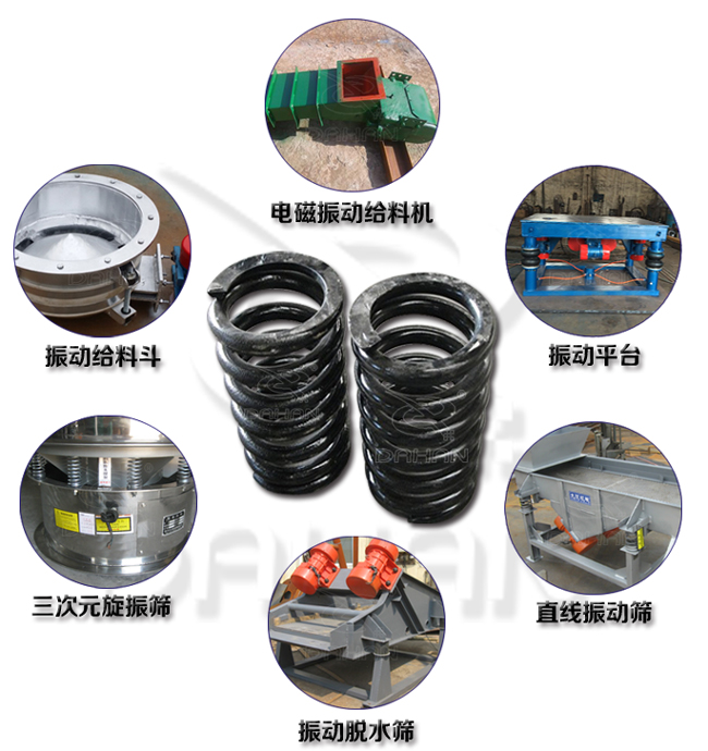 旋振篩減震彈簧適用產(chǎn)品：振動(dòng)給料機(jī)，電磁振動(dòng)給料機(jī)，振動(dòng)平臺(tái)，直線振動(dòng)篩，振動(dòng)脫水篩，三次元旋振篩。
