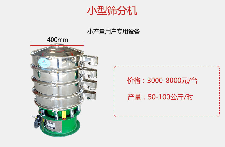 小型篩分機(jī)產(chǎn)量可達(dá)100公斤/時(shí)，價(jià)格3000元起。