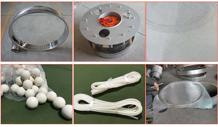 800型全不銹鋼振動篩配件有：振動篩篩框，電機(jī)，不銹鋼篩網(wǎng)等。