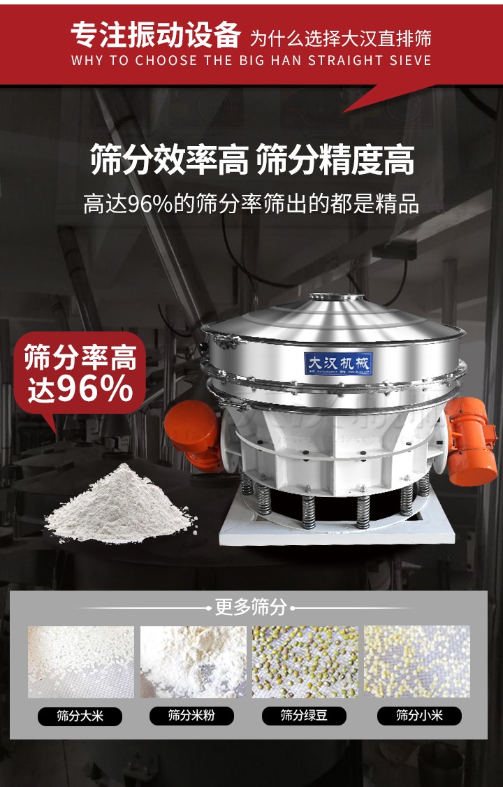 直排篩適用物料有面粉，淀粉，洗衣粉，金屬粉，添加劑，化工，非礦等行業(yè)。